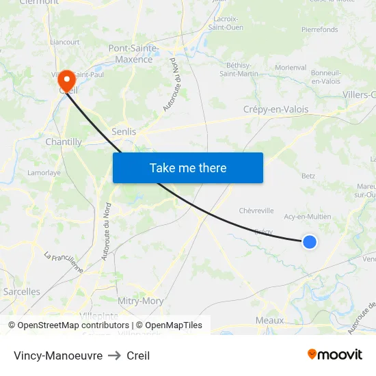 Vincy-Manoeuvre to Creil map