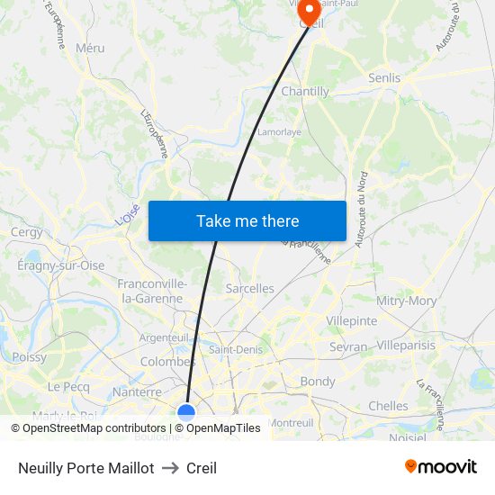 Neuilly Porte Maillot to Creil map