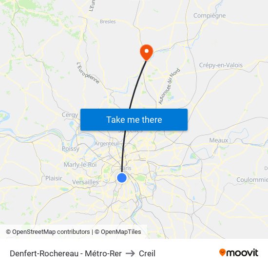 Denfert-Rochereau - Métro-Rer to Creil map