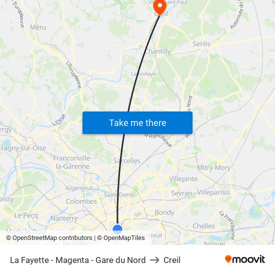 La Fayette - Magenta - Gare du Nord to Creil map