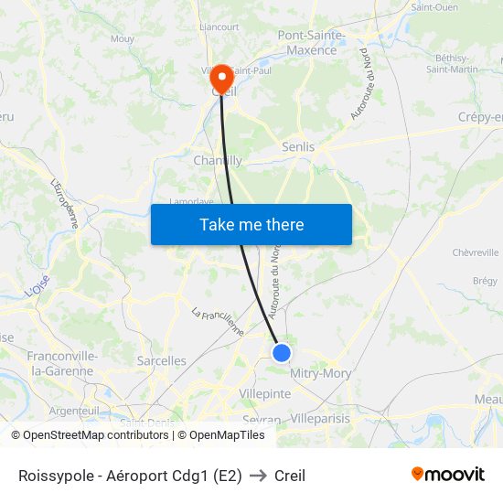 Roissypole - Aéroport Cdg1 (E2) to Creil map
