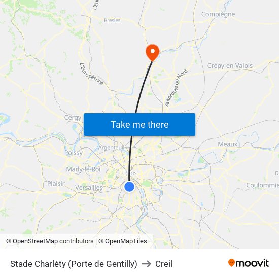 Stade Charléty (Porte de Gentilly) to Creil map