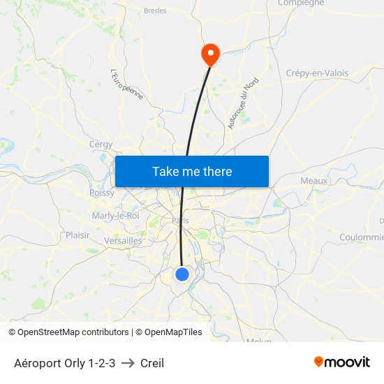 Aéroport Orly 1-2-3 to Creil map