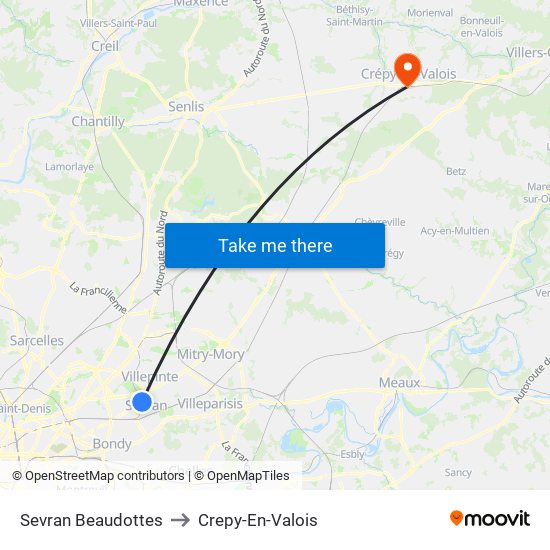 Sevran Beaudottes to Crepy-En-Valois map