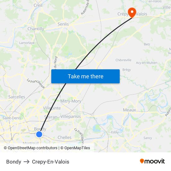 Bondy to Crepy-En-Valois map