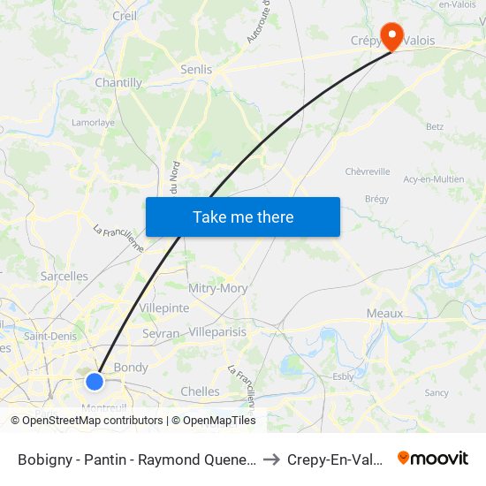 Bobigny - Pantin - Raymond Queneau to Crepy-En-Valois map