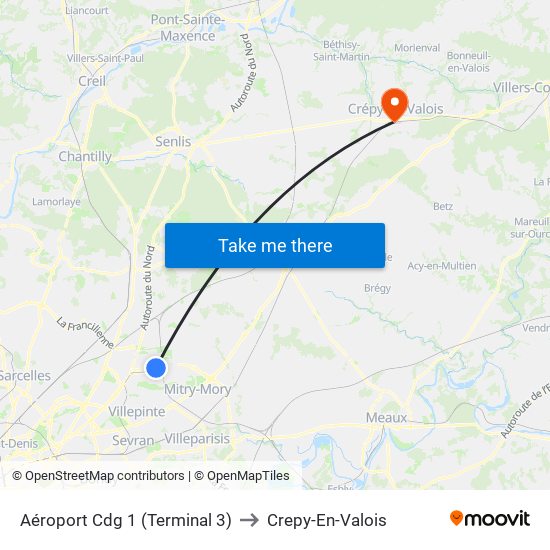 Aéroport Cdg 1 (Terminal 3) to Crepy-En-Valois map