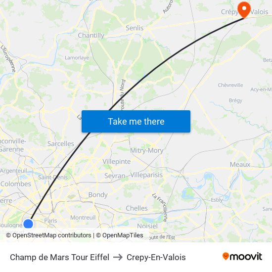 Champ de Mars Tour Eiffel to Crepy-En-Valois map
