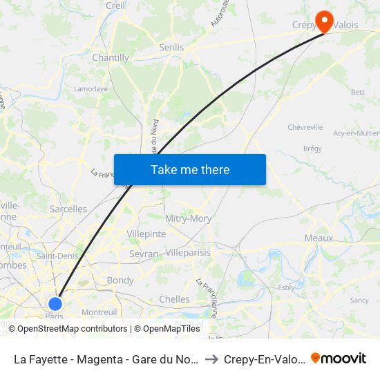 La Fayette - Magenta - Gare du Nord to Crepy-En-Valois map