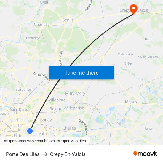 Porte Des Lilas to Crepy-En-Valois map