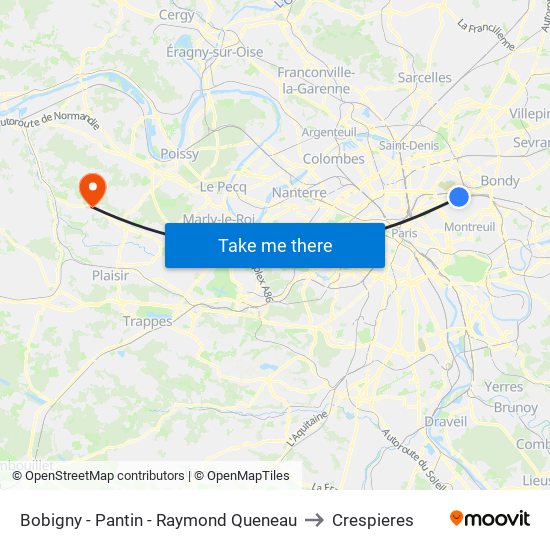 Bobigny - Pantin - Raymond Queneau to Crespieres map