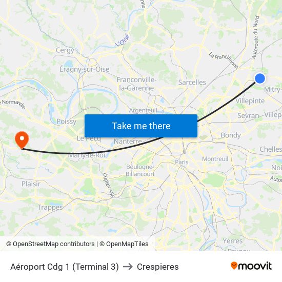 Aéroport Cdg 1 (Terminal 3) to Crespieres map