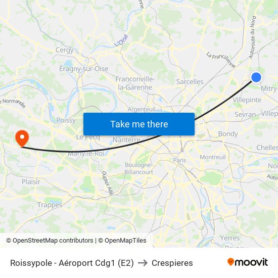 Roissypole - Aéroport Cdg1 (E2) to Crespieres map
