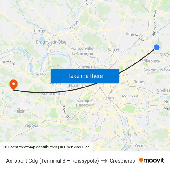 Aéroport Cdg (Terminal 3 – Roissypôle) to Crespieres map