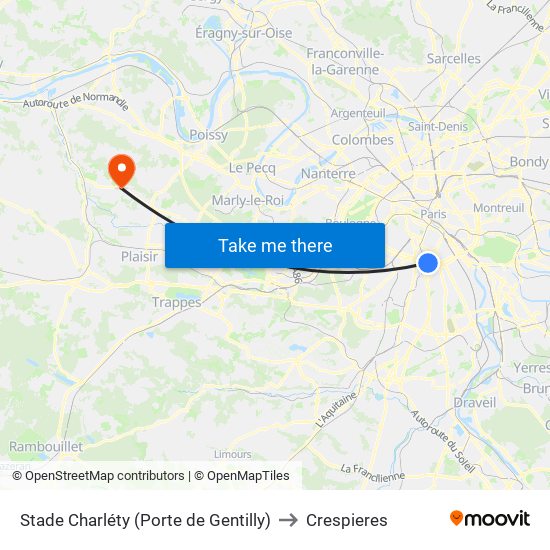 Stade Charléty (Porte de Gentilly) to Crespieres map