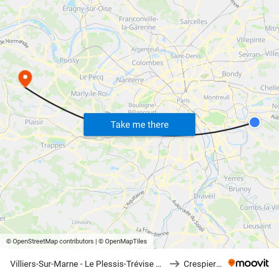 Villiers-Sur-Marne - Le Plessis-Trévise RER to Crespieres map