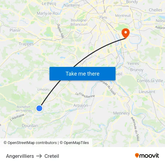 Angervilliers to Creteil map