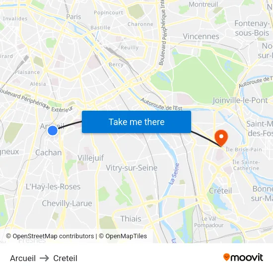 Arcueil to Creteil map