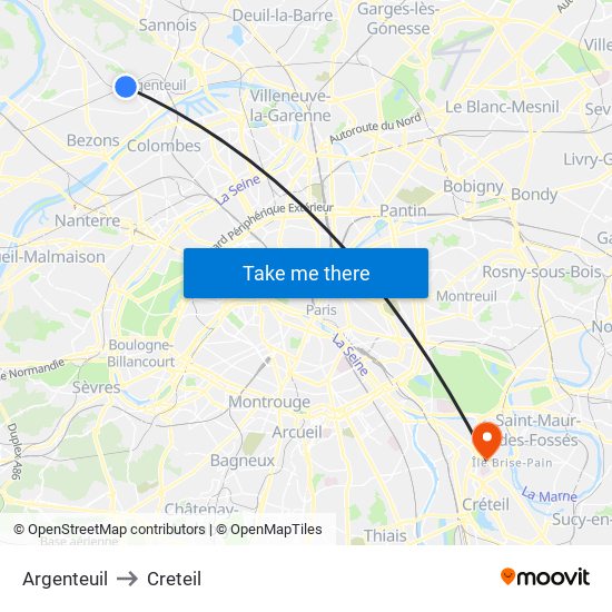 Argenteuil to Creteil map