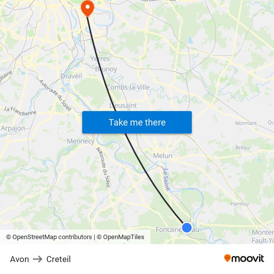 Avon to Creteil map