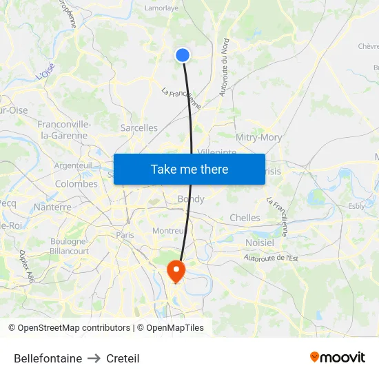 Bellefontaine to Creteil map