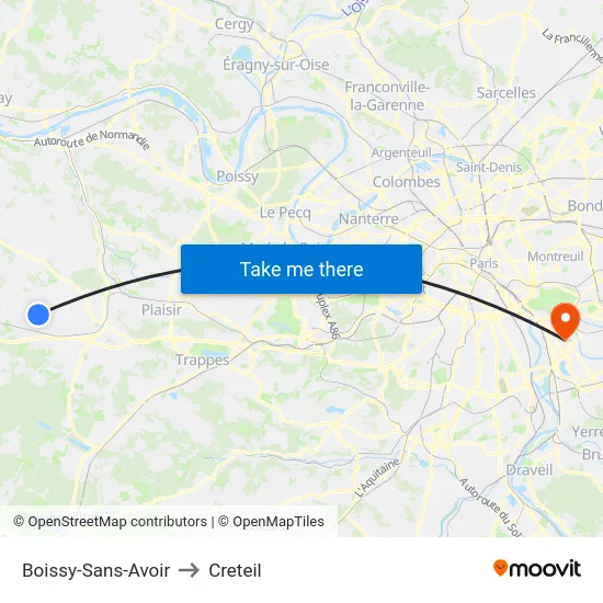 Boissy-Sans-Avoir to Creteil map