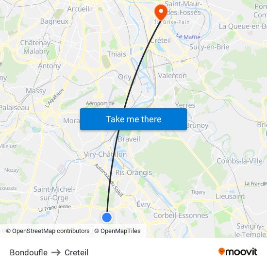 Bondoufle to Creteil map
