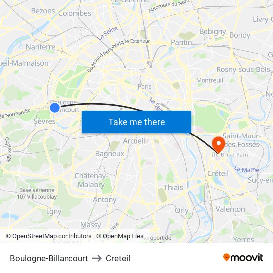 Boulogne-Billancourt to Creteil map
