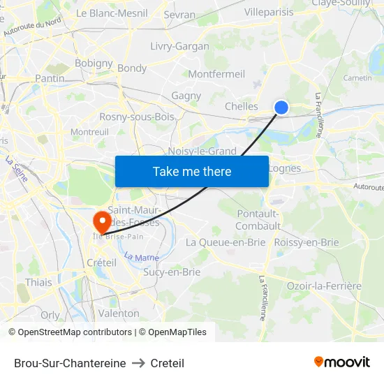 Brou-Sur-Chantereine to Creteil map