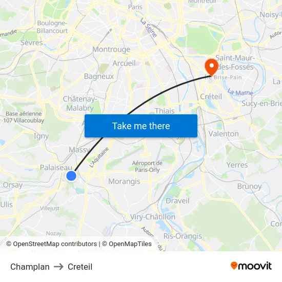 Champlan to Creteil map