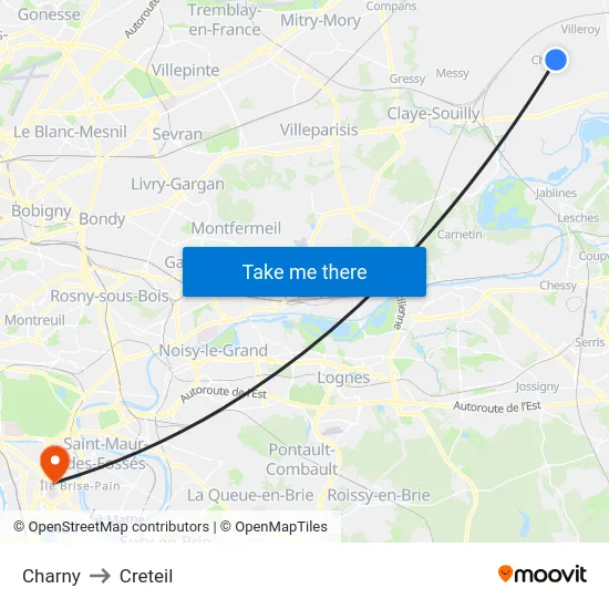 Charny to Creteil map