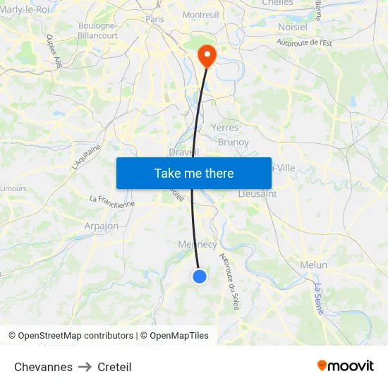 Chevannes to Creteil map