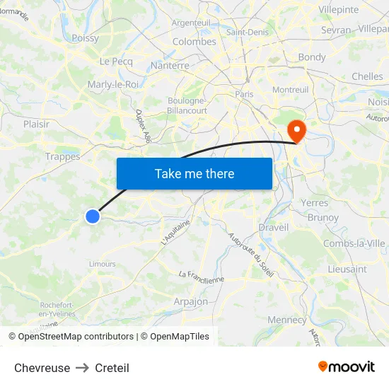 Chevreuse to Creteil map