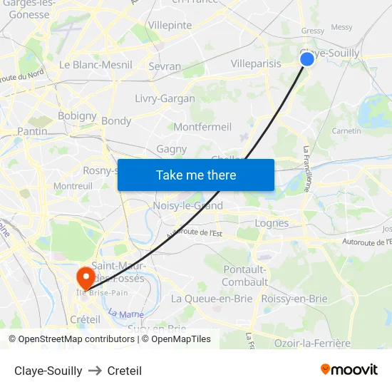 Claye-Souilly to Creteil map