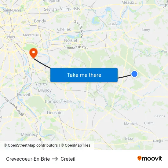 Crevecoeur-En-Brie to Creteil map
