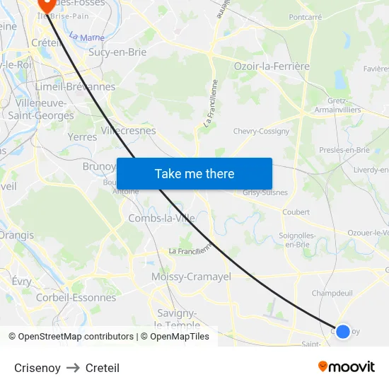 Crisenoy to Creteil map