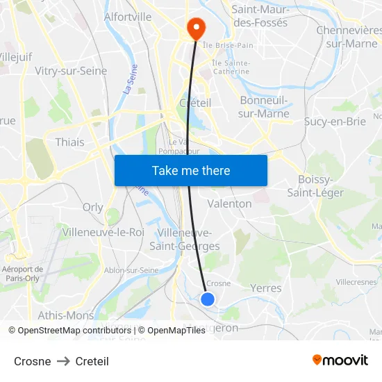 Crosne to Creteil map