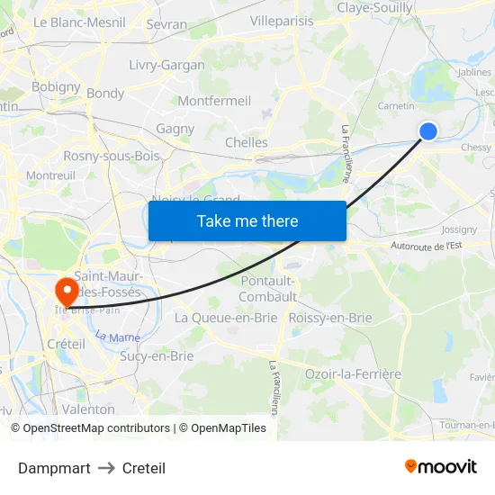 Dampmart to Creteil map