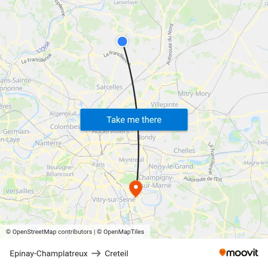 Epinay-Champlatreux to Creteil map