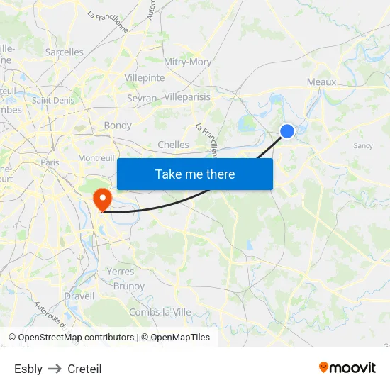 Esbly to Creteil map