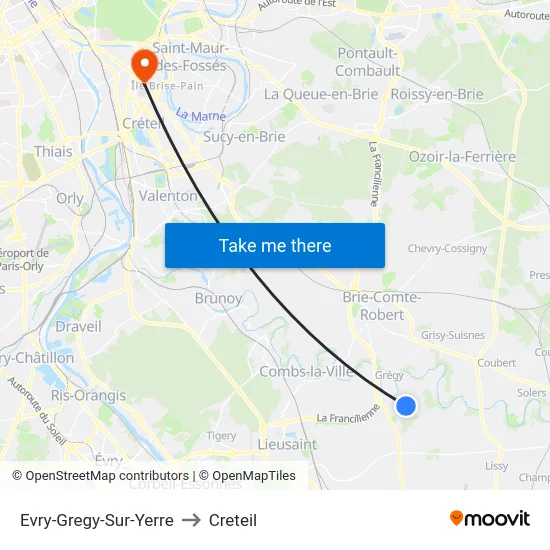 Evry-Gregy-Sur-Yerre to Creteil map