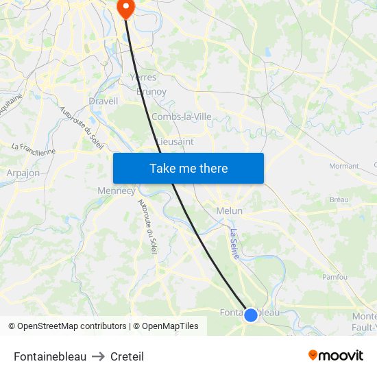 Fontainebleau to Creteil map