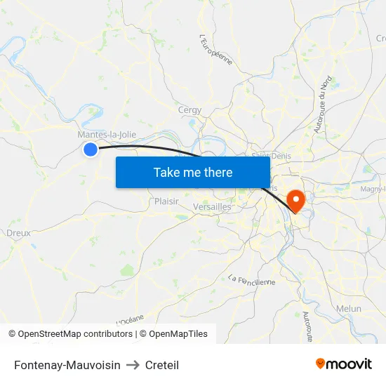 Fontenay-Mauvoisin to Creteil map