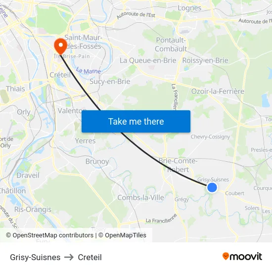 Grisy-Suisnes to Creteil map