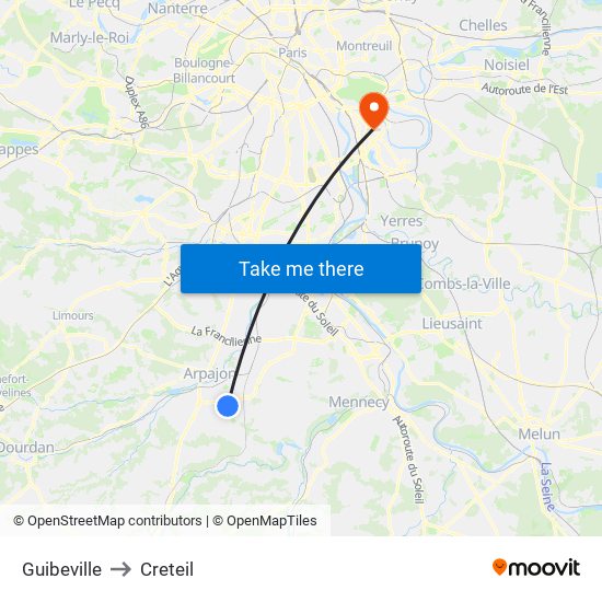 Guibeville to Creteil map