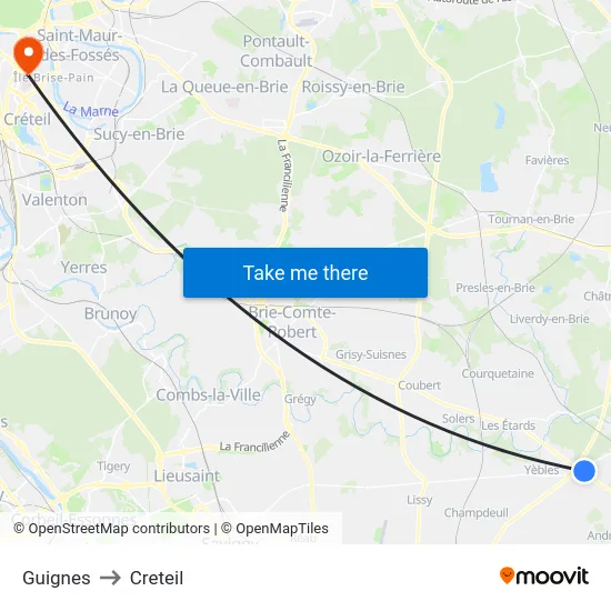 Guignes to Creteil map