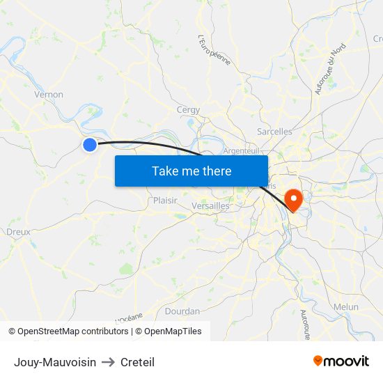 Jouy-Mauvoisin to Creteil map