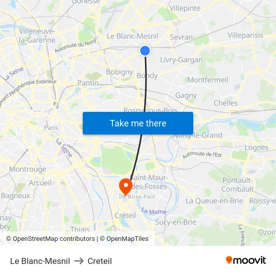 Le Blanc-Mesnil to Creteil map