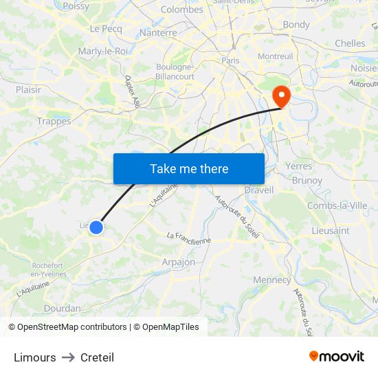 Limours to Creteil map