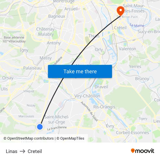 Linas to Creteil map